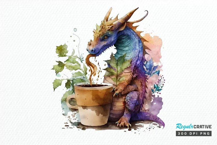 Watercolor Cute Dragon Drinking Coffee PNG Clipart