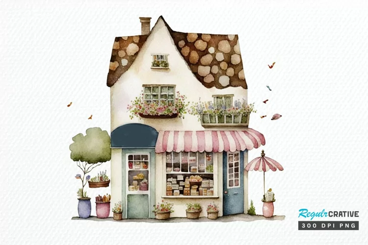 Watercolor Whimsical Village Shop PNG Clipart