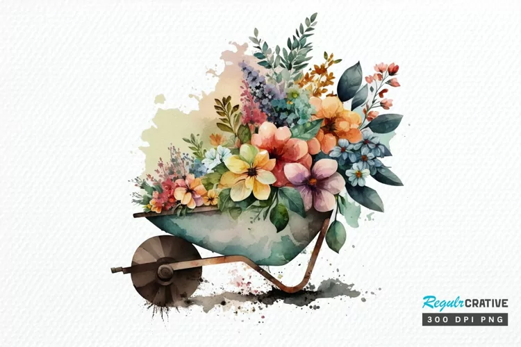 Watercolor Floral Wheelbarrows PNG Clipart