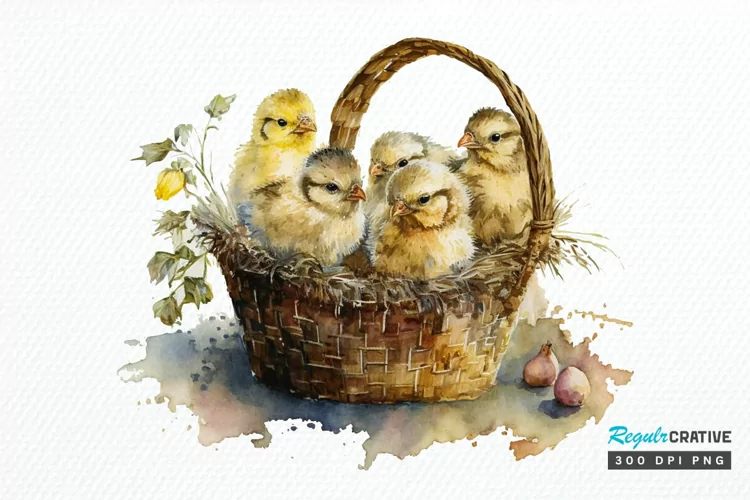 Watercolor Chicks in a Basket PNG Clipart