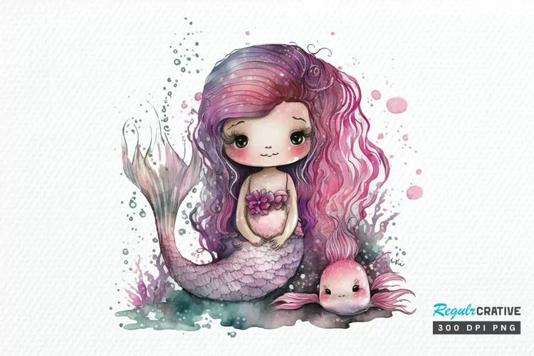 Watercolor Cute Pink Mermaid PNG Clipart