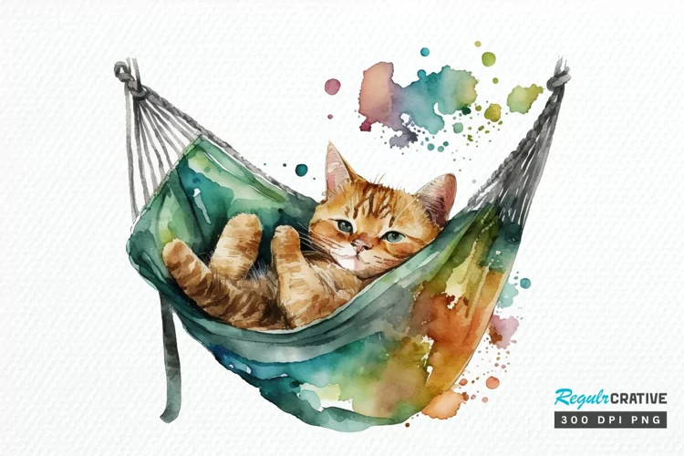 Watercolor Cute Cat in a Hammock PNG Clipart