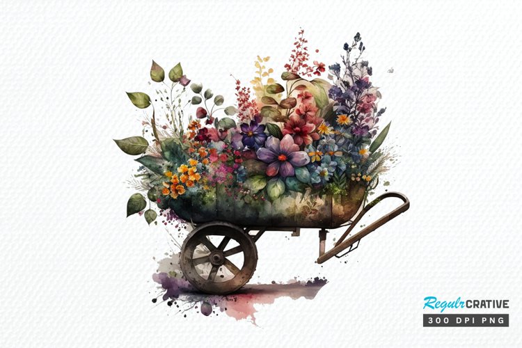 Watercolor Floral Wheelbarrows PNG Clipart