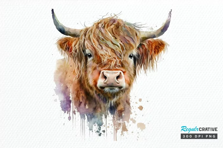 Watercolor Cute Highland Cow PNG Clipart