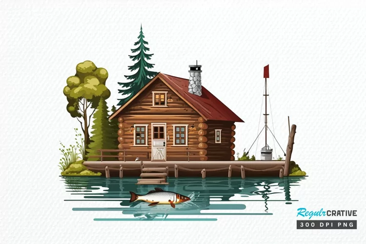 Watercolor Fishing Lodge PNG Clipart