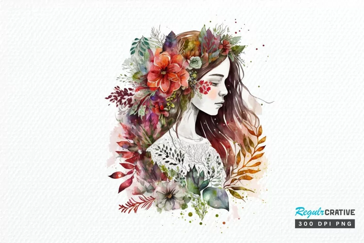Watercolor Floral Boho Girl PNG Clipart