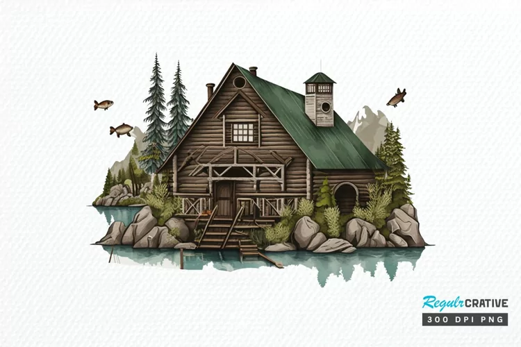 Watercolor Fishing Lodge PNG Clipart