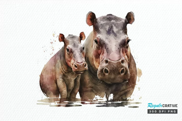Watercolor Mom and Baby Hippopotamus PNG Clipart