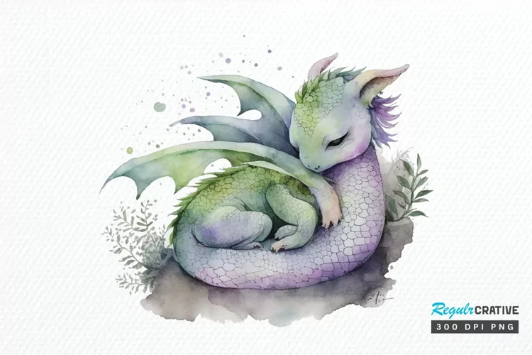 Watercolor Cute Baby Dragon Sleeping PNG Clipart