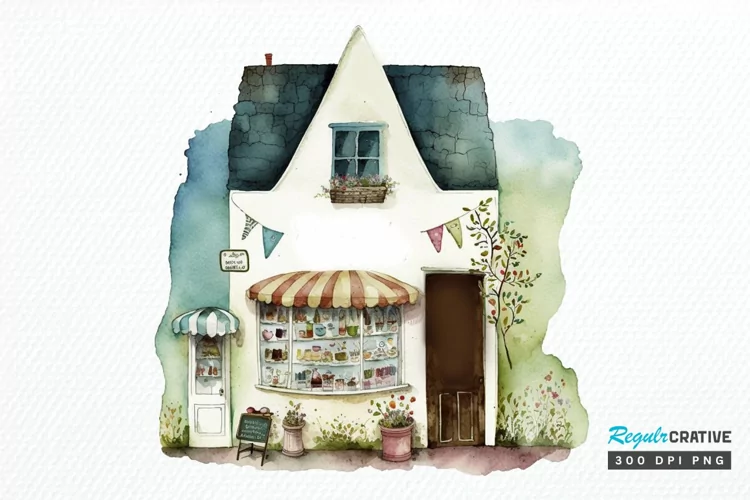 Watercolor Whimsical Village Shop PNG Clipart