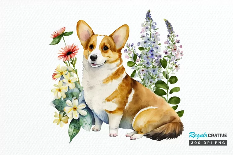 Watercolor Cute Corgi and Flowers PNG Clipart