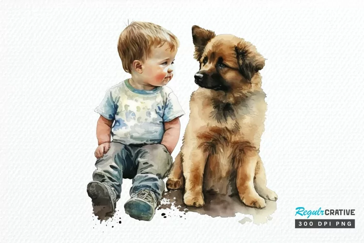 Watercolor Cute Baby Boy and Dog PNG Clipart