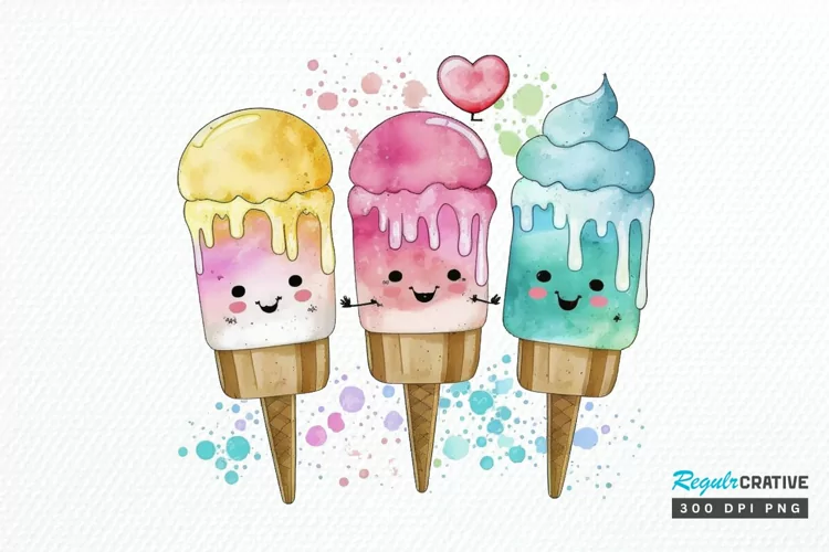 Watercolor Cute Ice Cream PNG Clipart