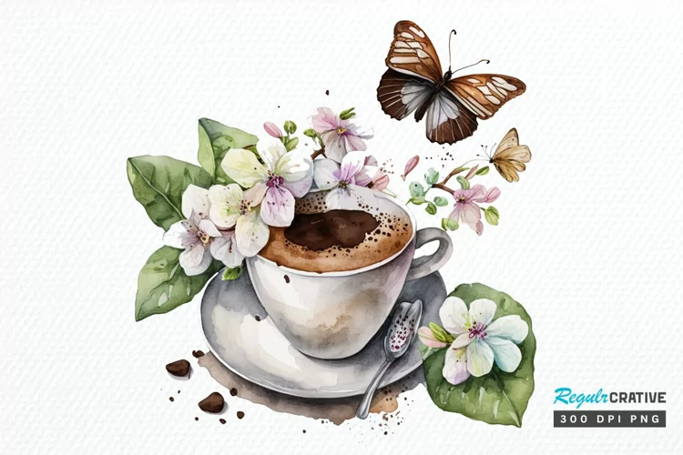 Watercolor Spring Coffee Butterfly PNG Clipart