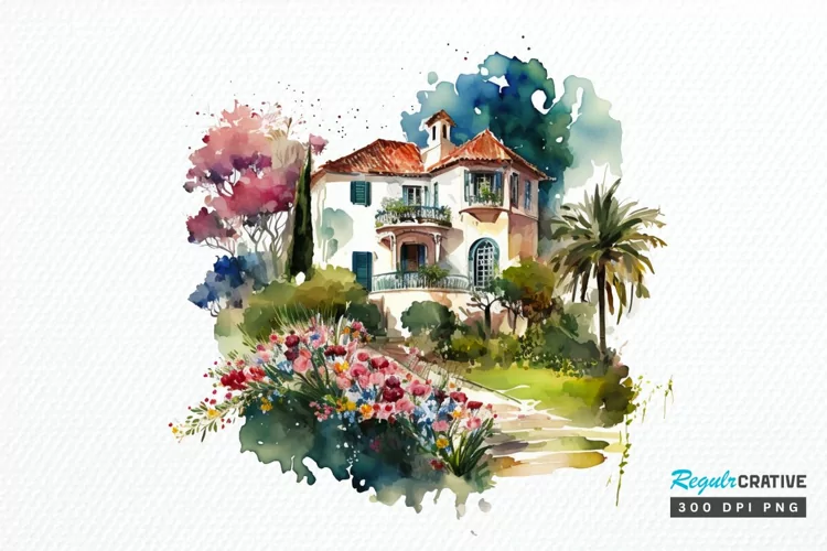 Watercolor House in Flower Garden PNG Clipart