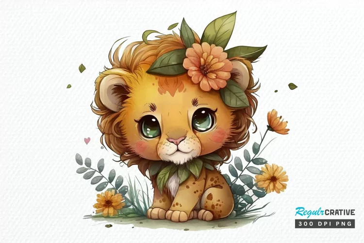 Watercolor Cute Baby Lion Kawaii Cartoon PNG Clipart