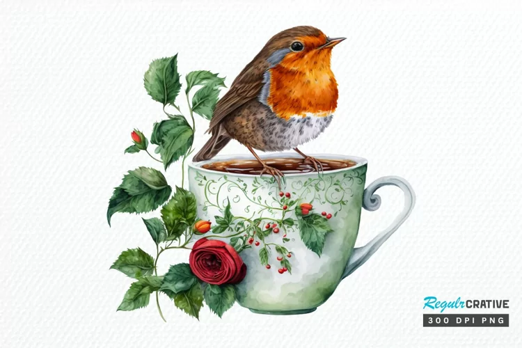 Watercolor Cute European Robin with a Cup PNG Clipart