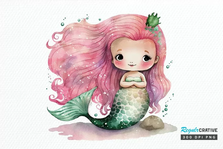 Watercolor Cute Pink Mermaid PNG Clipart
