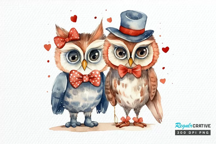 Watercolor Cute Couple Owl PNG Clipart