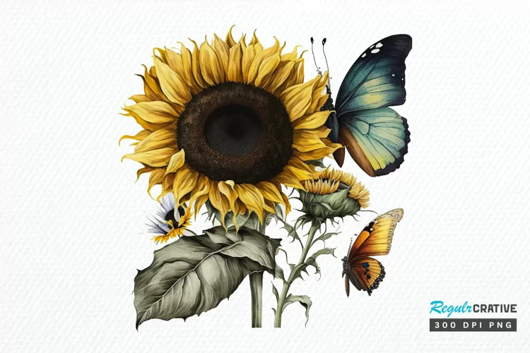 Watercolor Vintage Butterfly Sunflower PNG Clipart