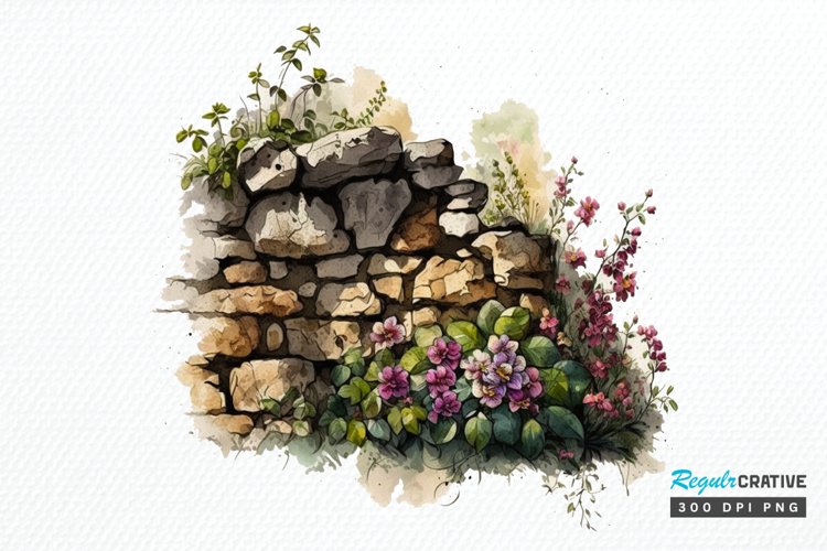 Watercolor Floral Stone Wall PNG Clipart example image 1