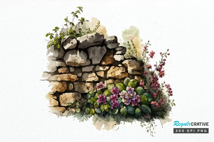Watercolor Floral Stone Wall PNG Clipart