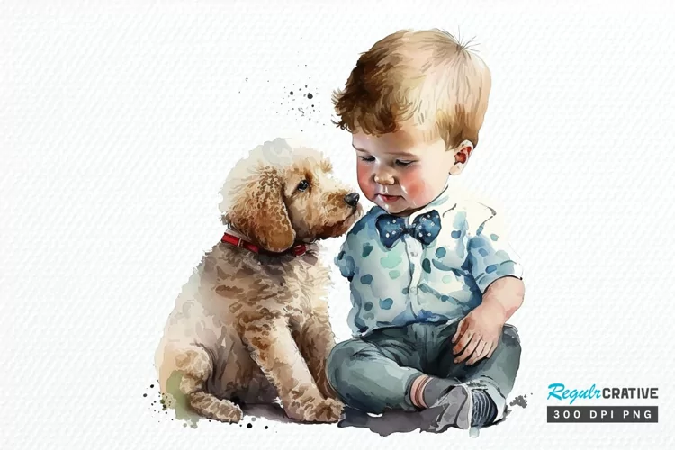 Watercolor Cute Baby Boy and Dog PNG Clipart