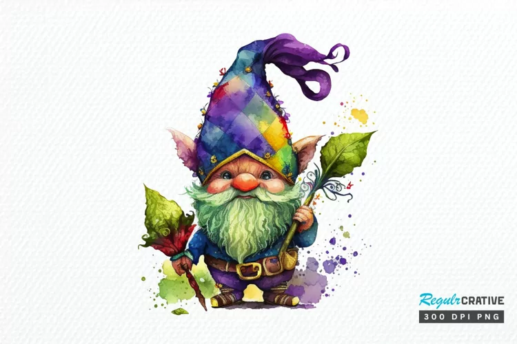 Watercolor Cute Gnome Mardi Gras PNG Clipart