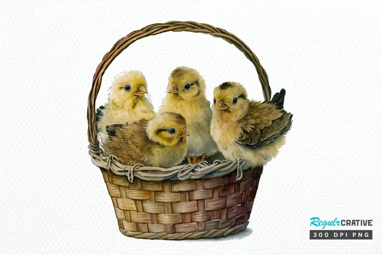 Watercolor Chicks in a Basket PNG Clipart