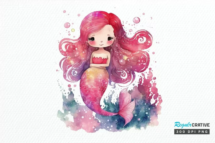 Watercolor Cute Pink Mermaid PNG Clipart
