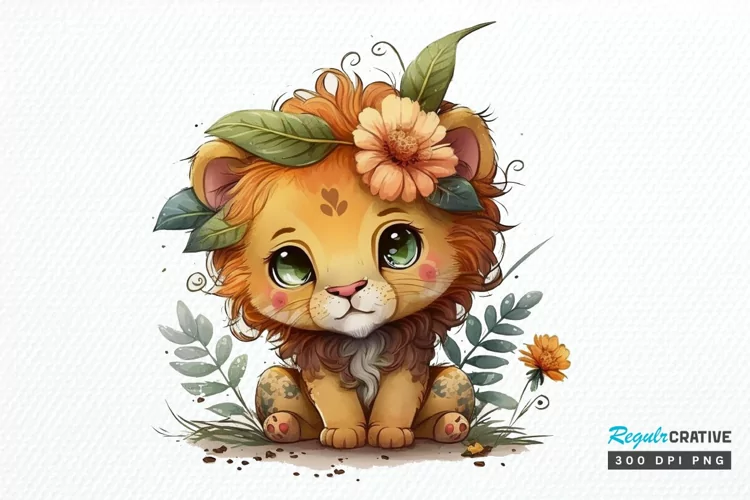 Watercolor Cute Baby Lion Kawaii Cartoon PNG Clipart