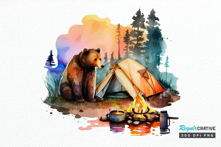 Watercolor Bear Camping at Sunset PNG Clipart