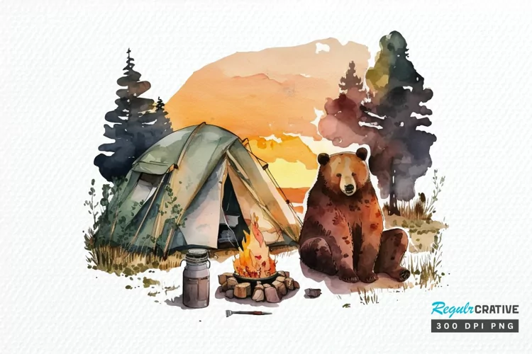 Watercolor Bear Camping at Sunset PNG Clipart