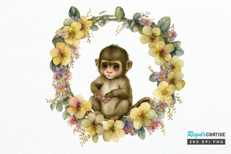 Watercolor Baby Monkey Flower Wreath PNG Clipart