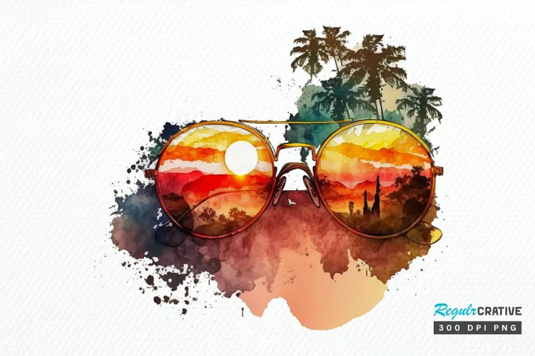 Watercolor Vintage Sunglasses Sunset PNG Clipart