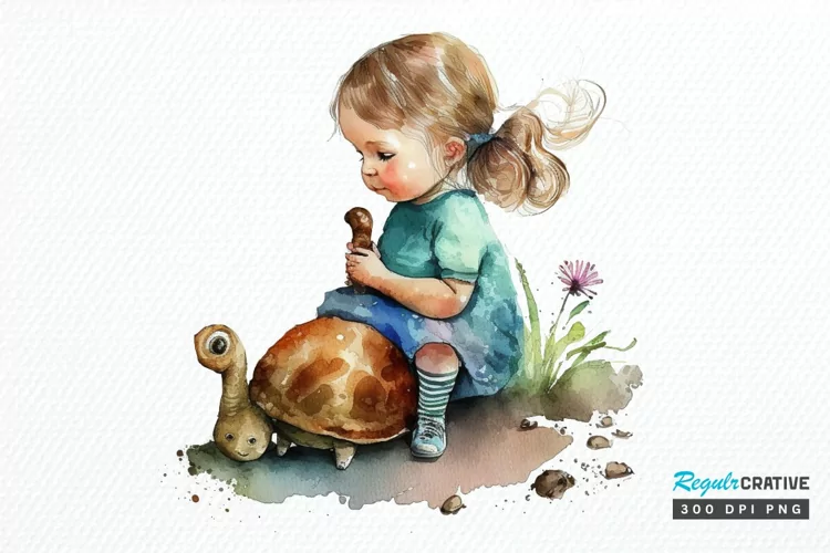 Watercolor Little Girl and Snails PNG Clipart