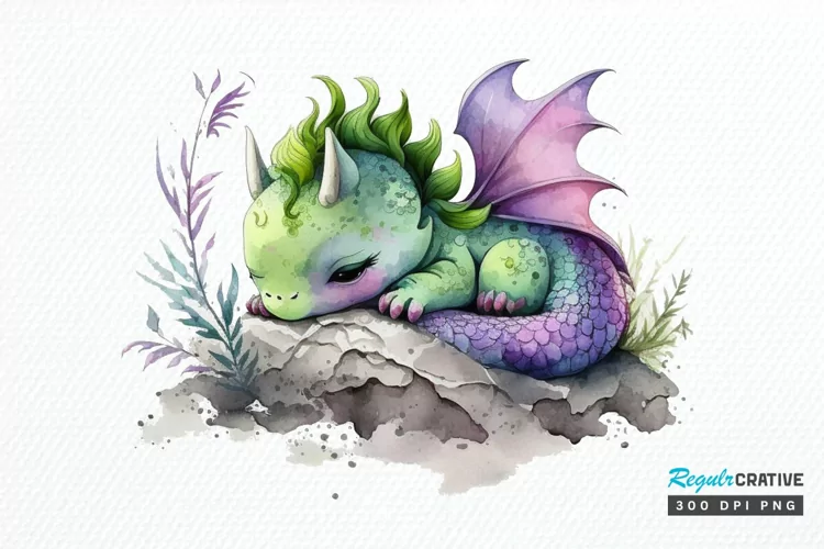 Watercolor Cute Baby Dragon Sleeping PNG Clipart
