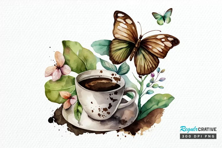 Watercolor Spring Coffee Butterfly PNG Clipart
