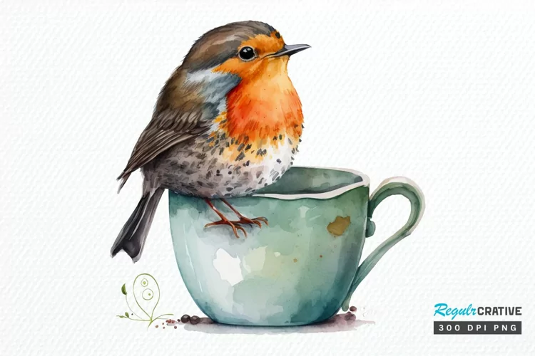 Watercolor Cute European Robin with a Cup PNG Clipart