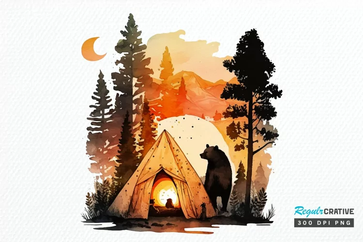 Watercolor Bear Camping at Sunset PNG Clipart