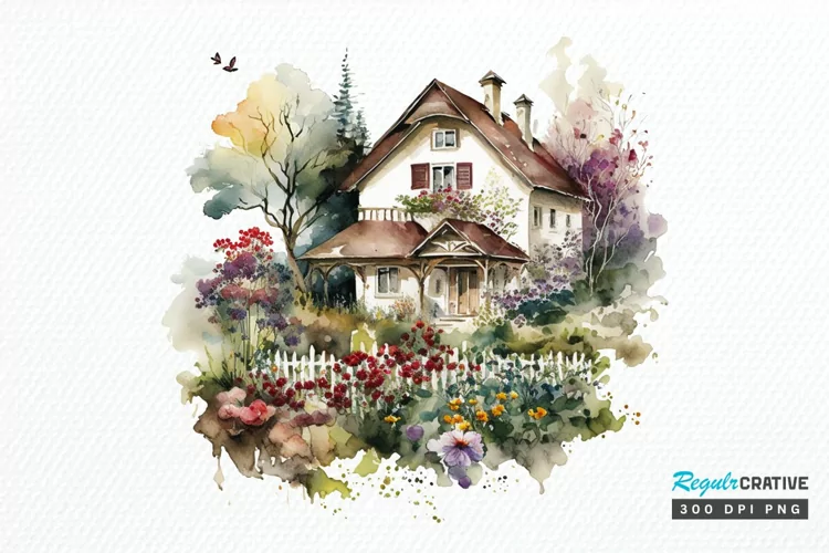 Watercolor House in Flower Garden PNG Clipart