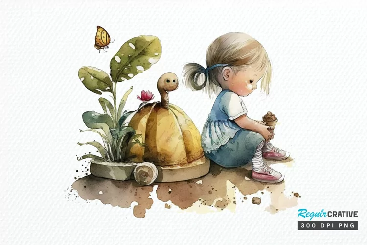 Watercolor Little Girl and Snails PNG Clipart