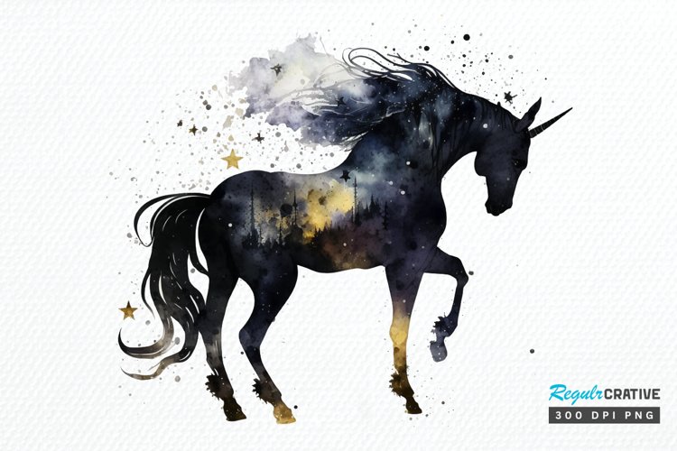 Watercolor Night Unicorn PNG Clipart example image 1