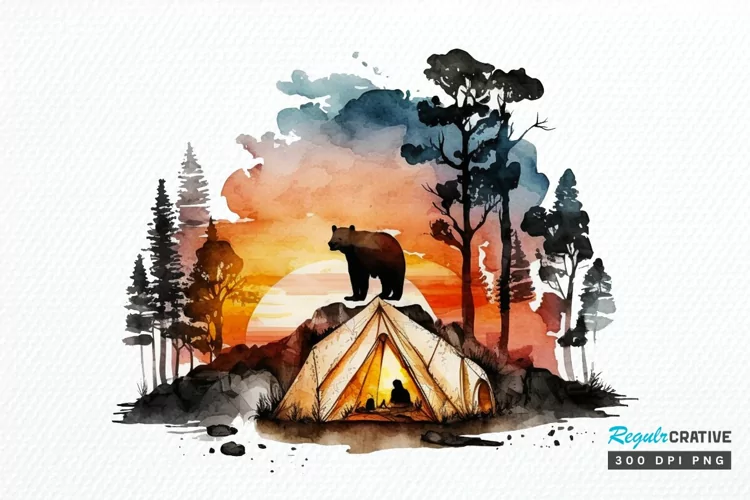 Watercolor Bear Camping at Sunset PNG Clipart