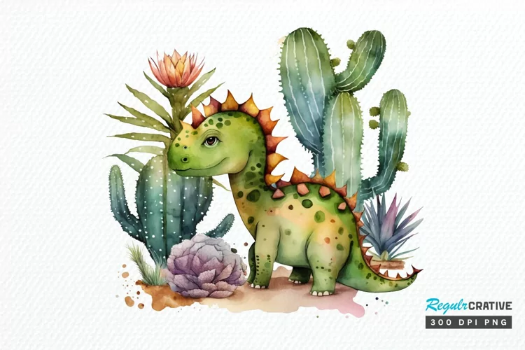 Watercolor Cute Dinosaur and Cactus PNG Clipart