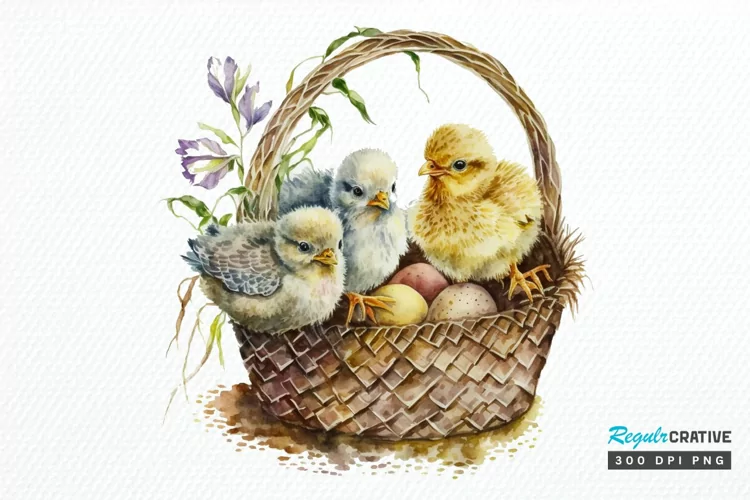 Watercolor Chicks in a Basket PNG Clipart