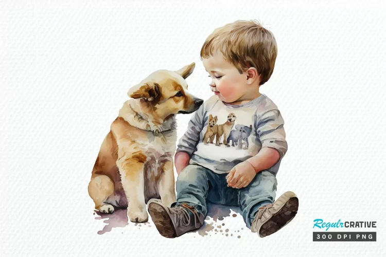 Watercolor Cute Baby Boy and Dog PNG Clipart
