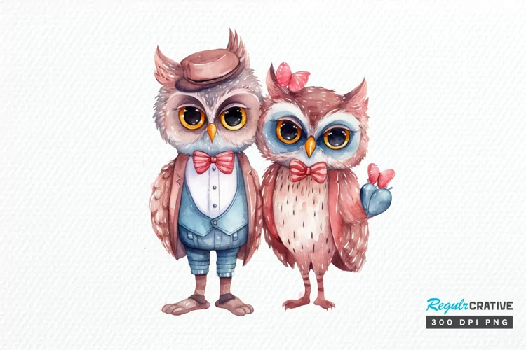 Watercolor Cute Couple Owl PNG Clipart