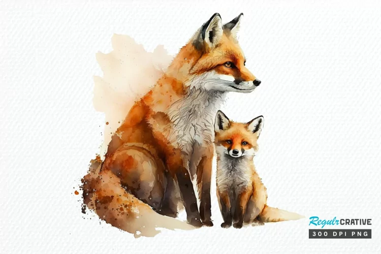 Watercolor Mom and Baby Fox PNG Clipart