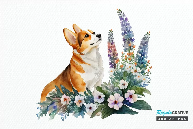 Watercolor Cute Corgi and Flowers PNG Clipart